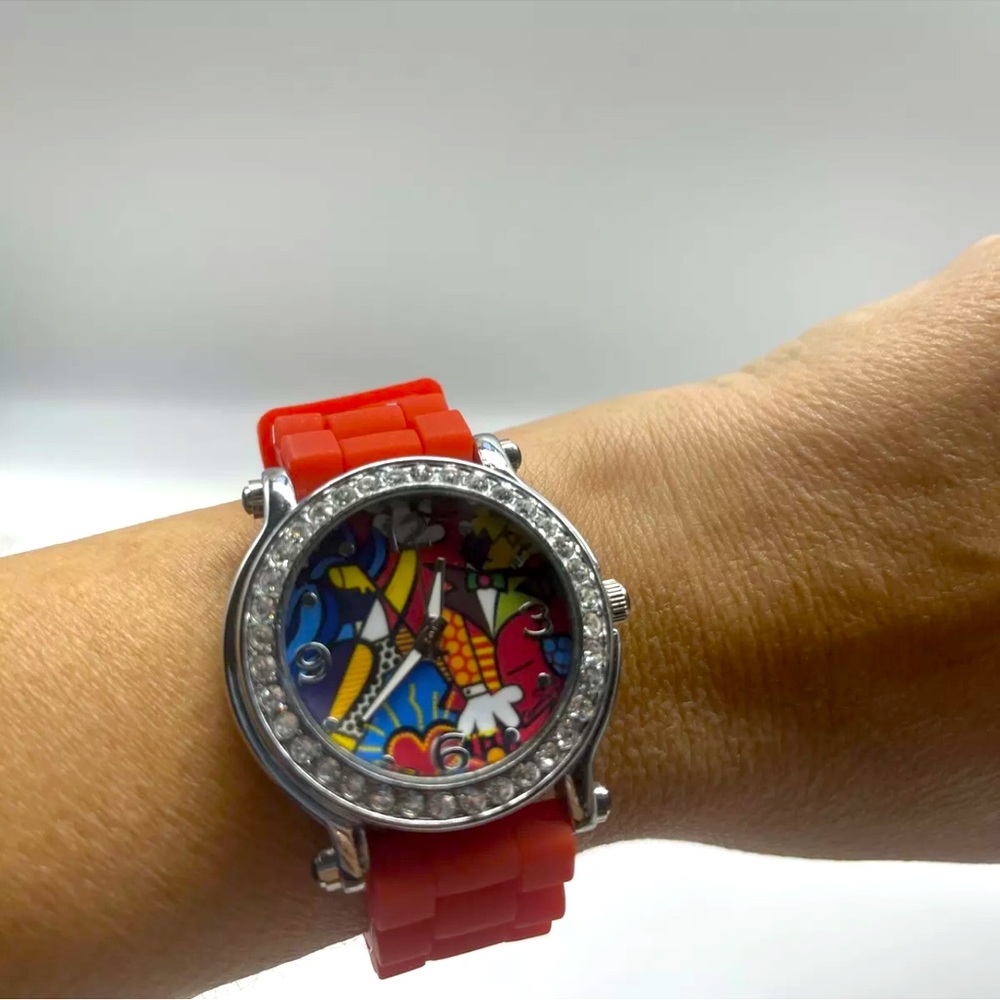 Geneva Mosaic & Rhinestone Red Silicone Watch